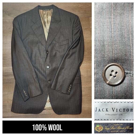 JACK VICTOR Mens Sport Coat Blazer 43R Gray Herringbone Wool Two-Button Notch - Picture 1 of 16
